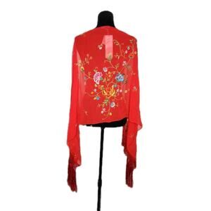 NWt Since Beach Culture Vintage Red Floral Embroidered Beaded Shawl Scarf Fringe